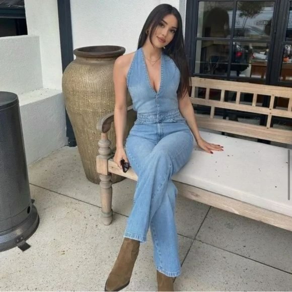 Zara Pants - ZARA TRF DENIM HALTER NECK JUMPSUIT